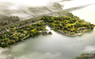 Lake trees bridge road building - cao zhibai free wallpaper for desktop