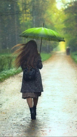 Woman walking umbrella rain hair - behind her free wallpaper for mobile