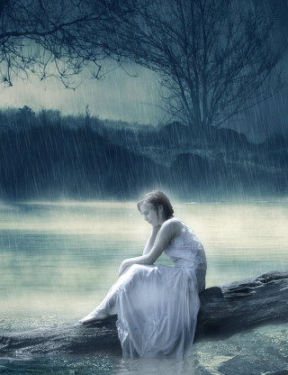 Gothic woman rain storm lake - a dark sky free wallpaper for mobile
