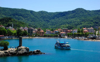 Boat water town mountains background - panoramic free wallpaper