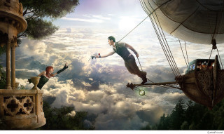 Man flying balloon clock holding - another man free wallpaper for desktop