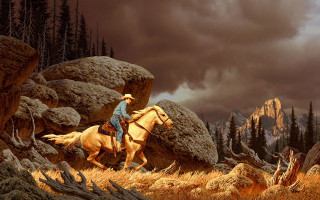 Horseman rockyoutdoor scene vacher comic - a painting of a man riding free wallpaper