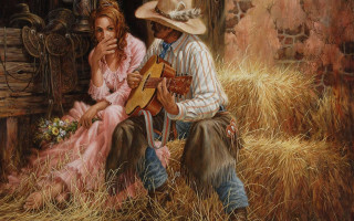 Man woman hayfield guitar cowboyhat - western comic book art free wallpaper