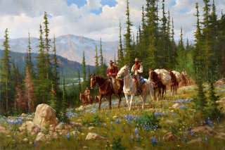 People horses woods dog deer - oil painting free wallpaper for desktop
