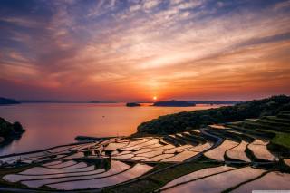 Sunset ricefield lake mountain water - free sunset wallpaper for desktop