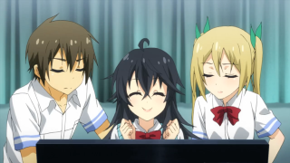 Anime characters looking computer screen - three anime character free wallpaper for desktop