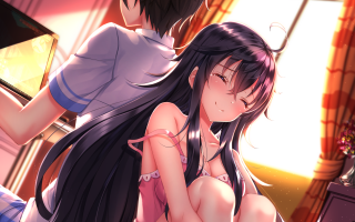 Anime couple hugging room window 5 - a vase free wallpaper for desktop