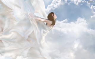 Woman white dress flying cloud 2 - dreamlike free wallpaper for desktop