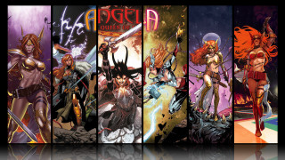 Comic covers woman sword man - a man in the background free wallpaper