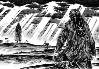 Man rock waterfall standing cloudy - rob rey and kentaro miura style free wallpaper