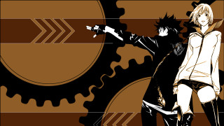 Man woman guns gear background - lineart free wallpaper for desktop