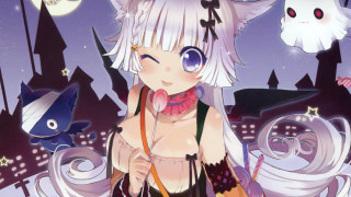 Anime girl white hair cat - a city free wallpaper