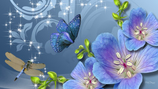 Blue flower dragonfly flying blue - exquisite detail free wallpaper