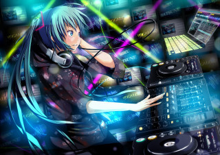 Girl headphones dj mixer cityscape - artist free wallpaper for desktop