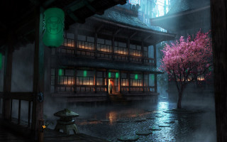 Japanese house tree rain person - evgeny lushpin free wallpaper