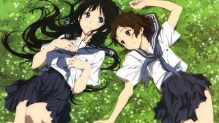 Two girls school uniforms laying 2 - the grass together free wallpaper