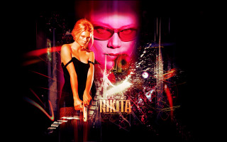 Woman black dress sunglasses man - poster art free wallpaper for desktop