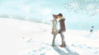 Couple kissing snow snowman tree 4 - free valentines wallpaper