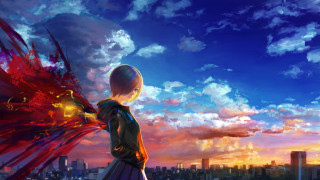 Person city skyline kite red - the air above free wallpaper