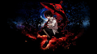 Anime character sitting fire umbrella - his hand and a demon free wallpaper