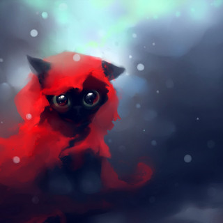 Red cat snow falling impressionism - a digital painting free wallpaper for tablet