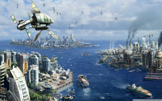 Futuristic city flying saucer water - a large city free wallpaper