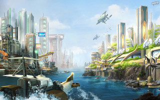 Futuristic city waterfront modern architecture - free sci-fi wallpaper