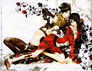 Women red dresses man black - two woman free wallpaper for desktop