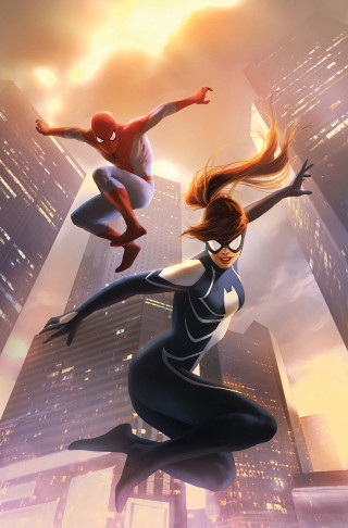 Woman spider man cityscape flying - panfuturism free wallpaper for mobile