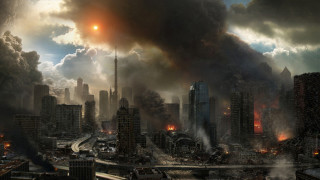 City smoke billowing buildings cars 2 - apocalyptic free wallpaper