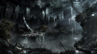 Dark city trees buildings background - a dark city free wallpaper