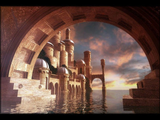 Castle water sunset painting beautiful - a large body of water in front free wallpaper