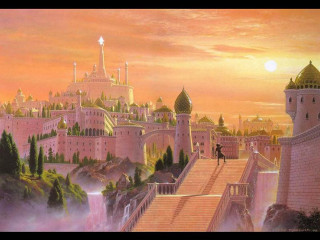 Castle stairs man standing top - a painting of a castle free wallpaper