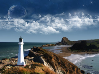 Lighthouse rocky cliff ocean moon 2 - a rocky cliff free wallpaper