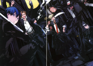 Anime characters swords group standing 3 - a line free wallpaper