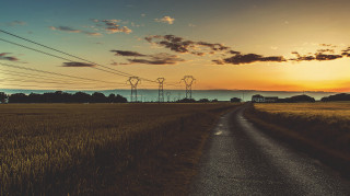 Road field powerlines sunset horizon - cable wire free wallpaper