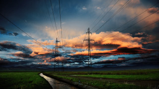 Field stream cloudy sky power - cable wire free wallpaper