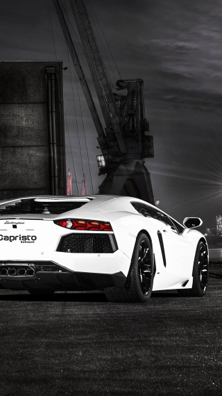 White sports car crane lift - free 3d render wallpaper for mobile