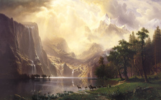 Mountain horses lake waterfall clouds - a painting of a mountain scene free wallpaper