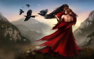 Woman red dress bird flying - dark fantasy art free wallpaper for desktop