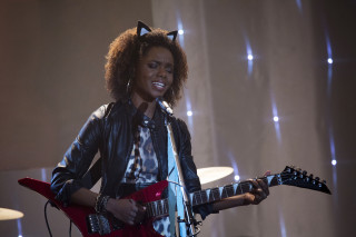 Woman guitar microphone cat ears - a guitar and a microphone free wallpaper