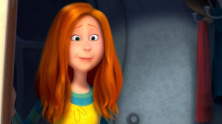Cartoon girl redhair yellowshirt doorway - a blue wall free wallpaper
