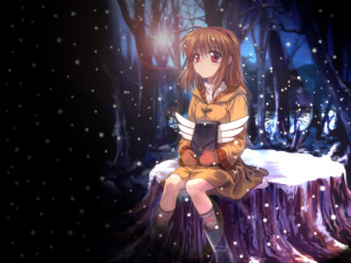 Girl sitting tree stump snow - a book in her hands free wallpaper