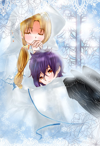 Anime characters hugging snowy scene - a storybook illustration free wallpaper for mobile