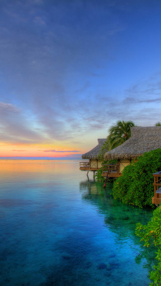 Tropical resort dock hut sunset - free summer wallpaper for mobile
