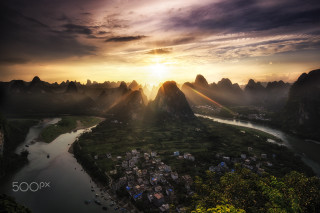 Sunset river mountains village foreground - cui bai free wallpaper