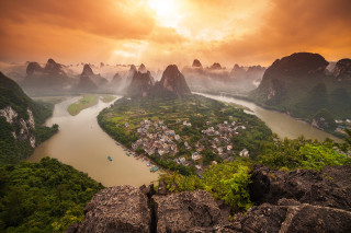 River mountains city cloudy sky - dai xi free wallpaper for desktop