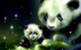Panda bears grass stars sky - an oil painting free wallpaper for desktop