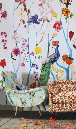 Colorful wall peacock flowers footstool - maximalist free wallpaper