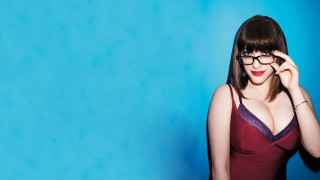Woman red dress glasses blue - neofauvism free wallpaper